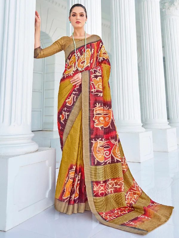 Women's Cotton Blend Olive Printed Designer Saree With Blouse Piece Subtle Shimmer Blouse