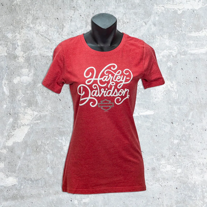 Wild Fire Harley Davidson- Red Women's Script T-Shirt-- Faux Fur Fabric Real Fur Fabric Shearling Fabric