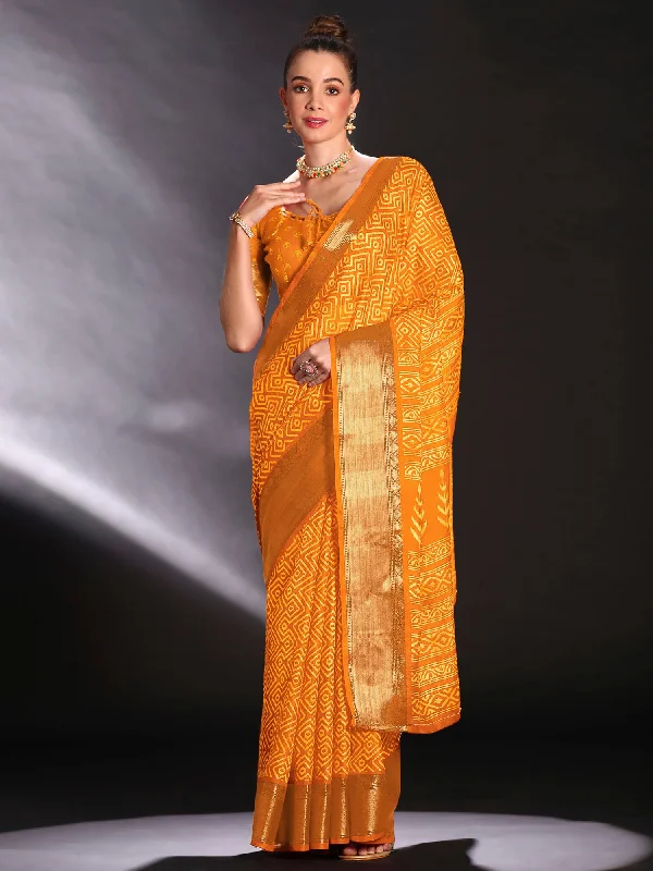 Women's Art Silk Yellow Printed Designer Saree With Blouse Piece Soft Pastel Blouse