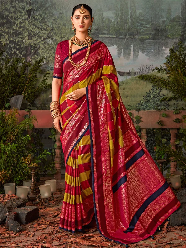 Women's Silk Blend Red Printed Designer Saree With Blouse Piece Casual Button Blouse