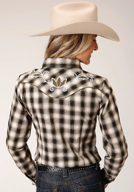 Roper Womens Black/Cream Cotton Blend Olive Plaid L/S Shirt-- Ribbed Striped Patterned