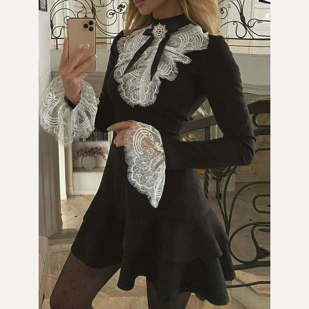 2023 Women's Dresses Fashion Elegant Sexy Long Sleeve Lace Bell Sleeve Ruffle Dress OL Classic Romantic Patchwork Mini Dress Elegant Lace-Up Mini Dress