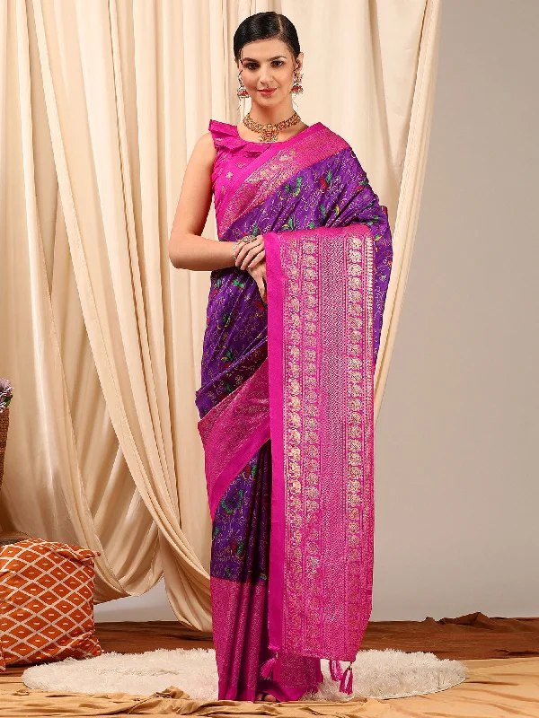 Women's Cotton Blend Purple Printed Designer Saree With Blouse Piece Pleated Collar Blouse