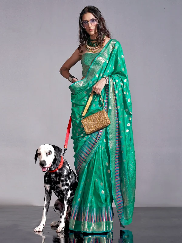 Women's Silk Blend Teal green Woven Design Handloom Saree With Blouse Piece Lightweight Linen Blouse