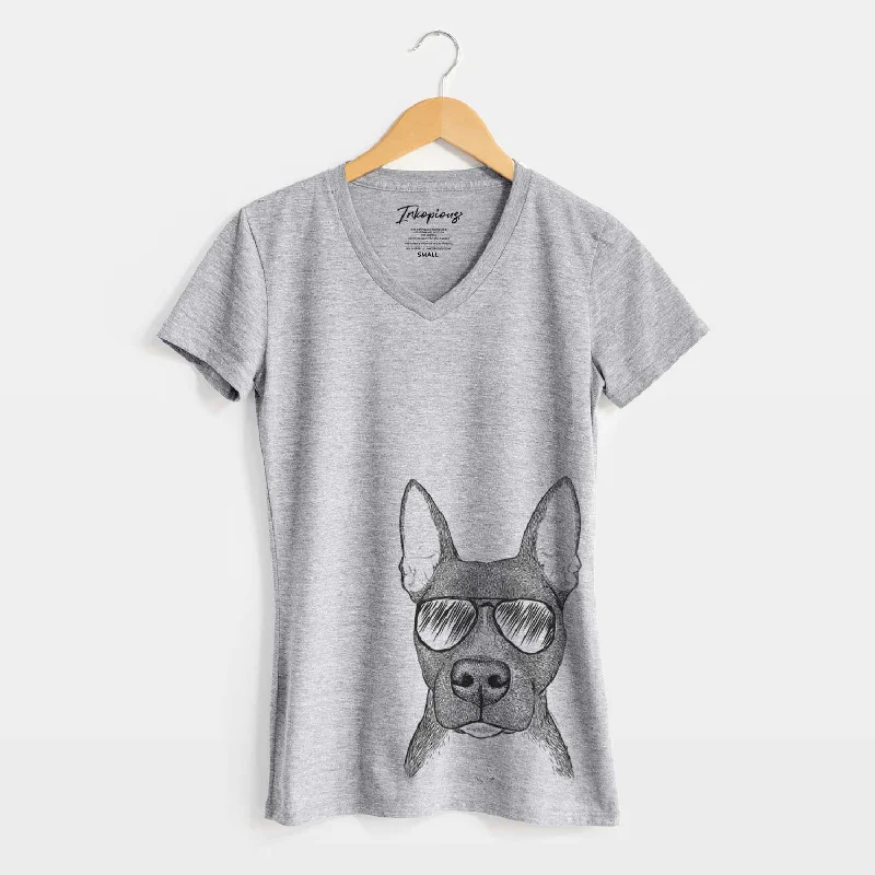 Aviator Violet the Pitbull - Women's V-neck Shirt-- Zippered Buttoned Snapped