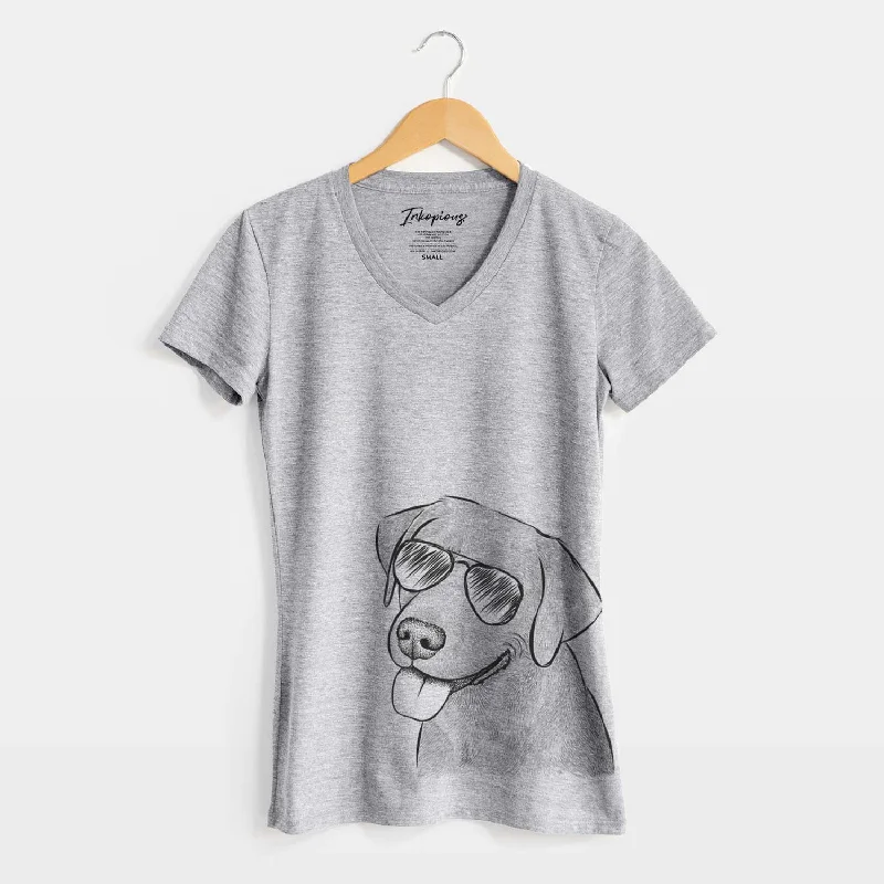 Aviator Zeppelin the Black Labrador - Women's V-neck Shirt-- Spandex Blend Rayon Blend Denim Blend