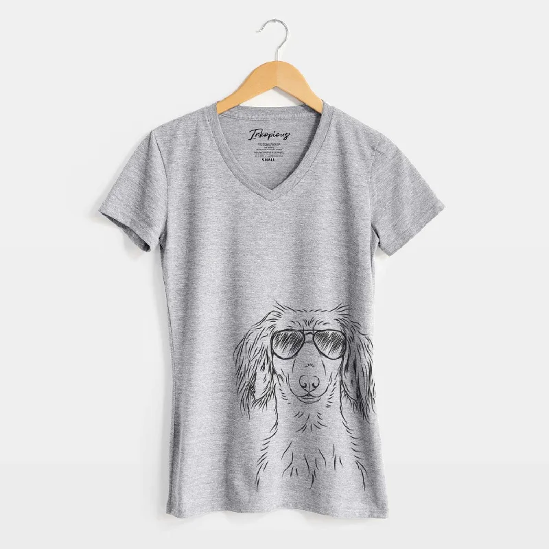 Aviator Roux the Long Haired Dachshund - Women's V-neck Shirt-- Print Jacquard Patchwork