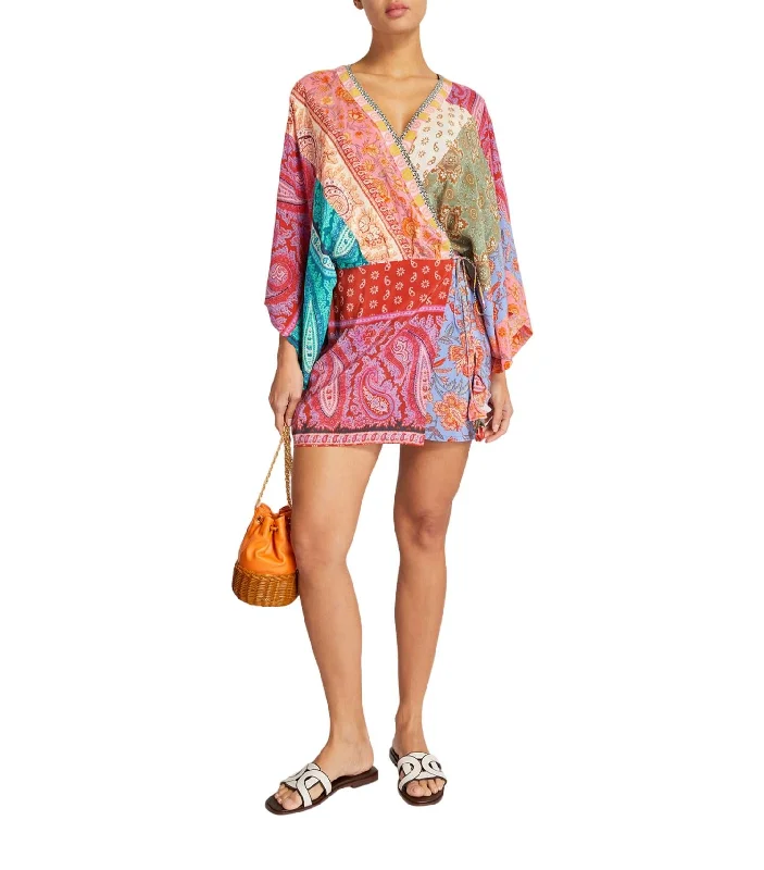 Kaleido Silk Robe Mini Dress In Ruby Patchwork Comfortable Bodycon Mini Dress