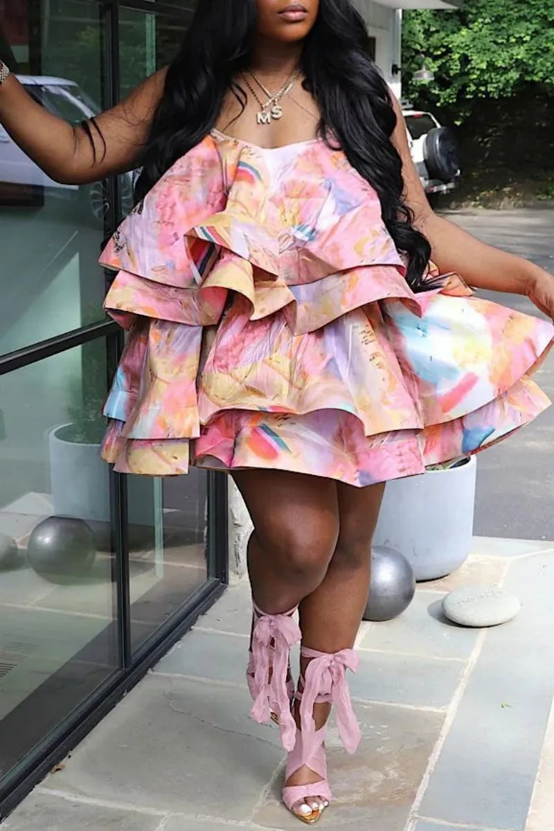 Sexy White Multicolor Abstract Watercolor Print Layered Tutu Mini Dress Chic Bohemian Mini Dress