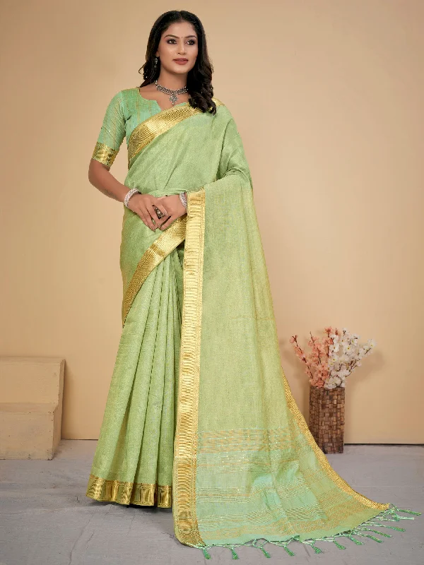 Women's Cotton Silk Light Green Embellished Designer Saree With Blouse Piece Oversized Silk Blouse
