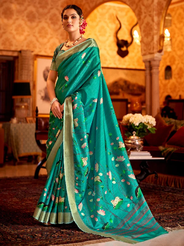 Women's Manipuri Silk Teal blue Printed Designer Saree With Blouse Piece Chic Square Blouse