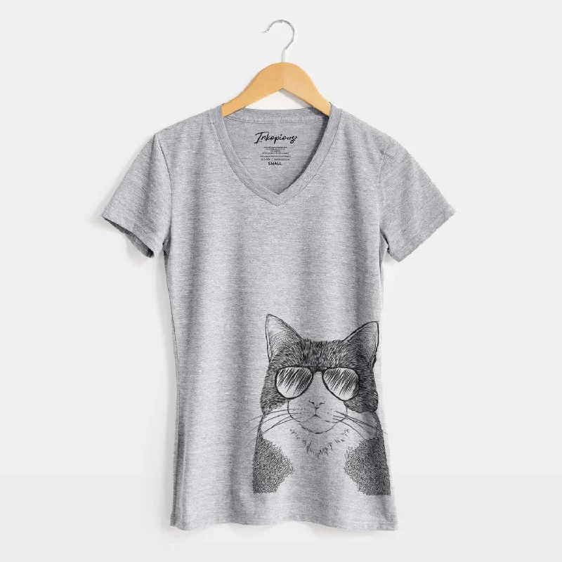 Aviator Tux the Tuxedo Cat - Women's V-neck Shirt-- Welt Pockets Slit Pockets Flap Pockets