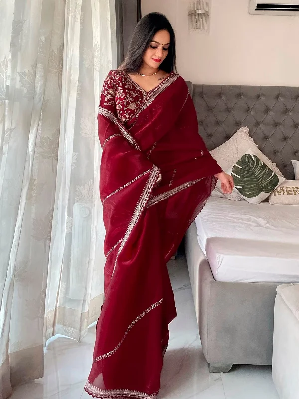 Women's Organza Maroon Embellished Designer Saree With Blouse Piece Lightweight Floral Blouse