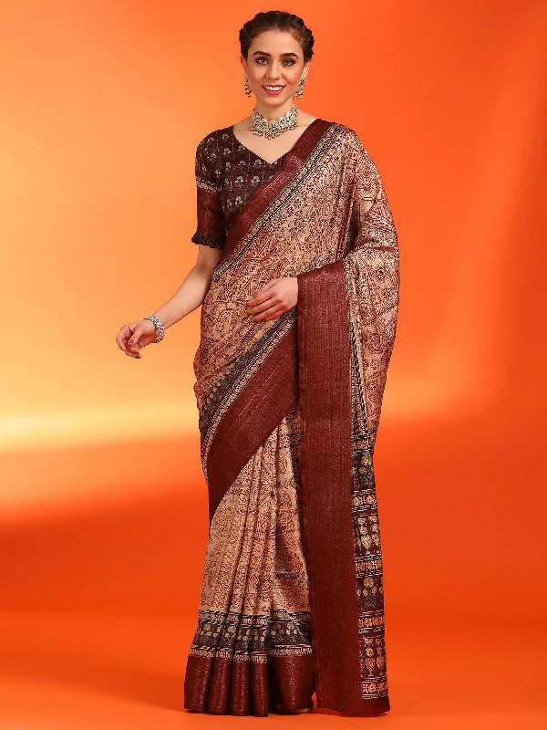 Women's Dola Silk Cream Printed Designer Saree With Blouse Piece Vintage Polka Blouse
