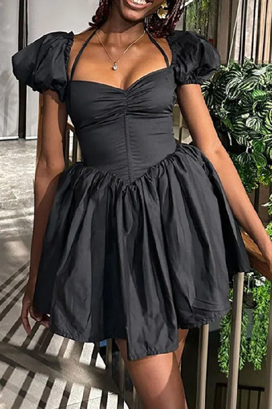 Solid Color Sweet Lace-Up Babydoll Mini Dress Chic Tropical Mini Dress