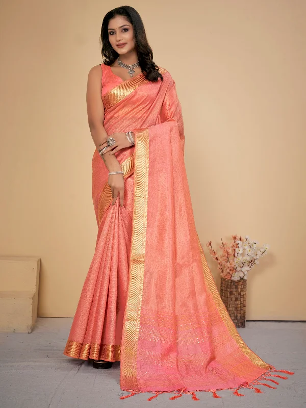 Women's Cotton Silk Peach Embellished Designer Saree With Blouse Piece Feminine Puff Blouse