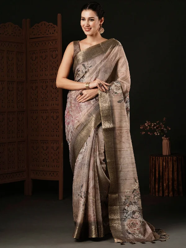 Women's Banarasi Silk Beige Printed Designer Saree With Blouse Piece Office Formal Blouse