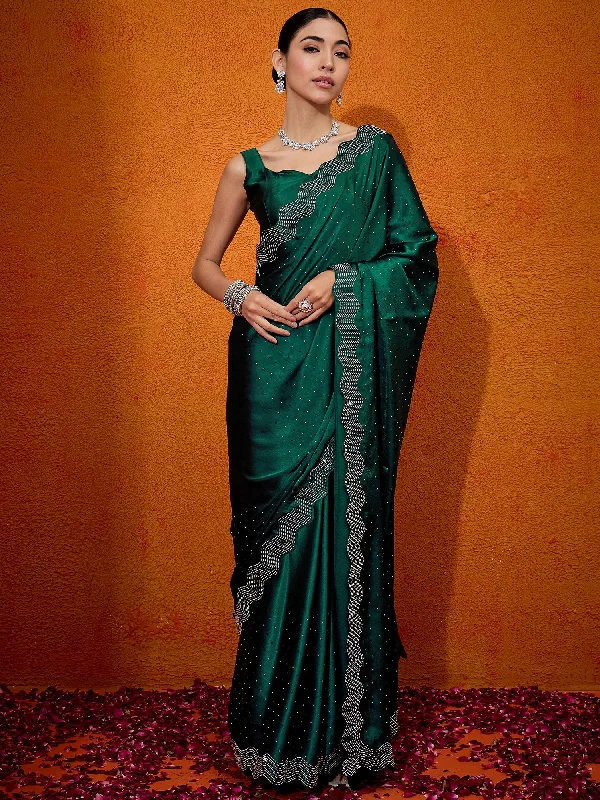 Women's Satin Silk Green Embellished Designer Saree With Blouse Piece Loose Oversized Blouse