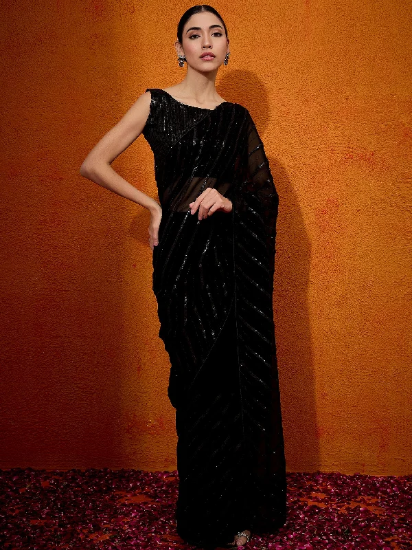 Women's Georgette Black Embellished Designer Saree With Blouse Piece Elegant Semi-Sheer Blouse