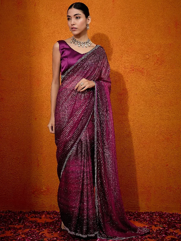 Women's Georgette Magenta Embellished Designer Saree With Blouse Piece Subtle Shimmer Blouse