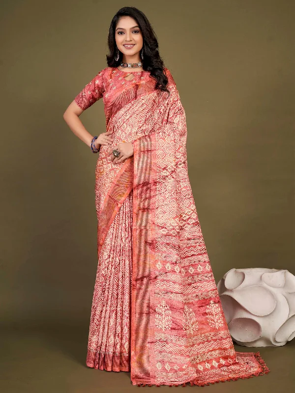 Women's Manipuri Silk Pink Printed Designer Saree With Blouse Piece Silky Draped Blouse