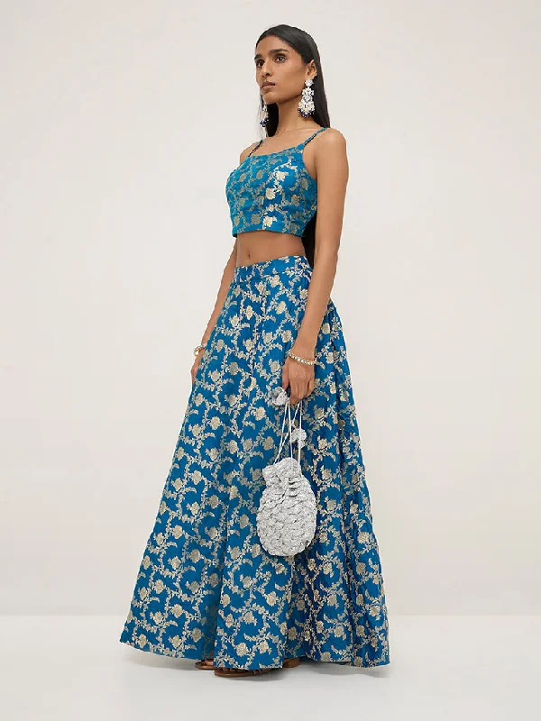 Vark Blue Brocade Design Blouse Off-Shoulder Wrap Blouse