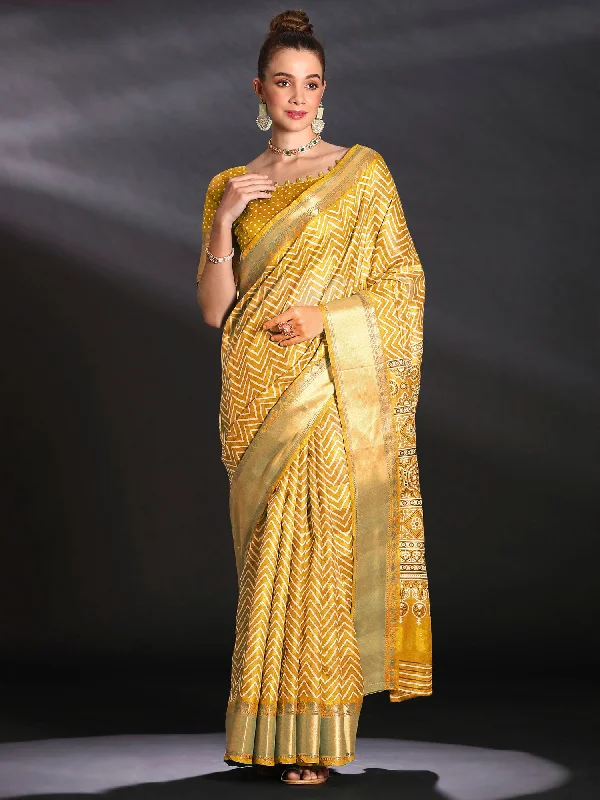 Women's Art Silk Mustard Printed Designer Saree With Blouse Piece Feminine Satin Blouse