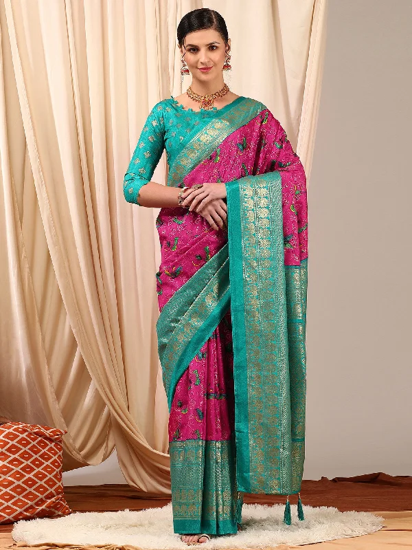 Women's Cotton Blend Pink Printed Designer Saree With Blouse Piece Peter Pan Blouse