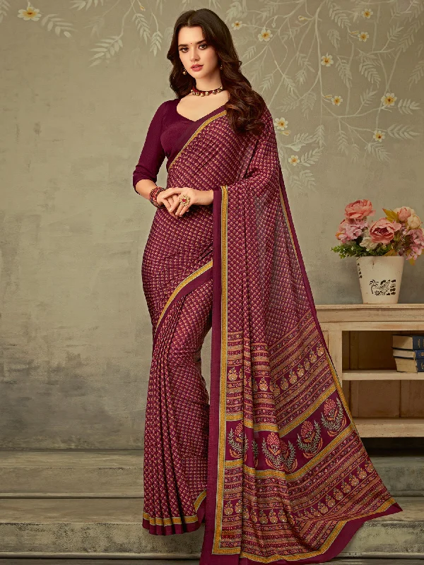 Women's Crepe Magenta Printed Designer Saree With Blouse Piece Satin Bow Blouse