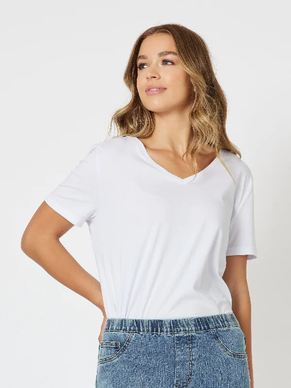 Cotton V - Neck - Shirt - White-- Terry Blend Velvet Blend Canvas Blend