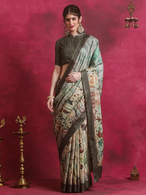 Women's Cotton Blend Sea Green Printed Designer Saree With Blouse Piece Feminine Satin Blouse