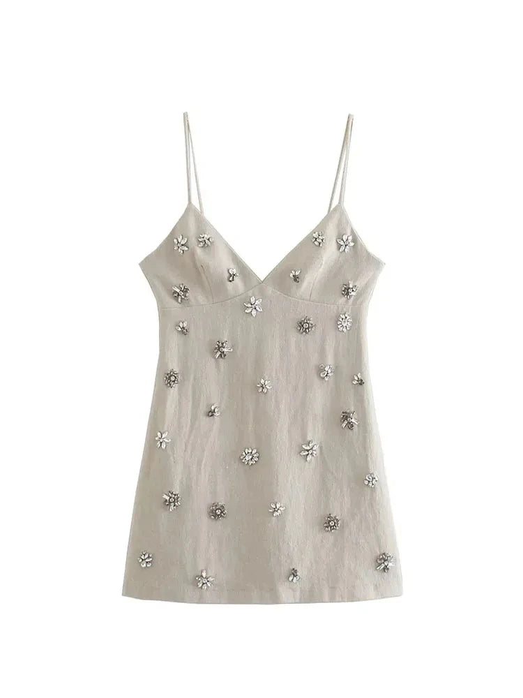 Advbridge  Women 2024 Chic Fashion Sleeveless Lnlay Mini Dress Vintage Thin Straps Summer Female Dresses Vestidos Mujer Comfortable Ruffle Mini Dress