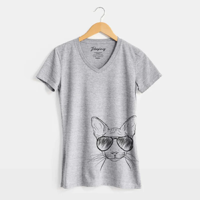 Aviator Sammy the Spinx Cat - Women's V-neck Shirt-- Satin Fabric Silk Fabric Chiffon Fabric