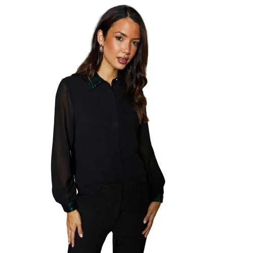 Principles Womens/Ladies Sequin Collar Shirt-- Mesh Canvas Denim
