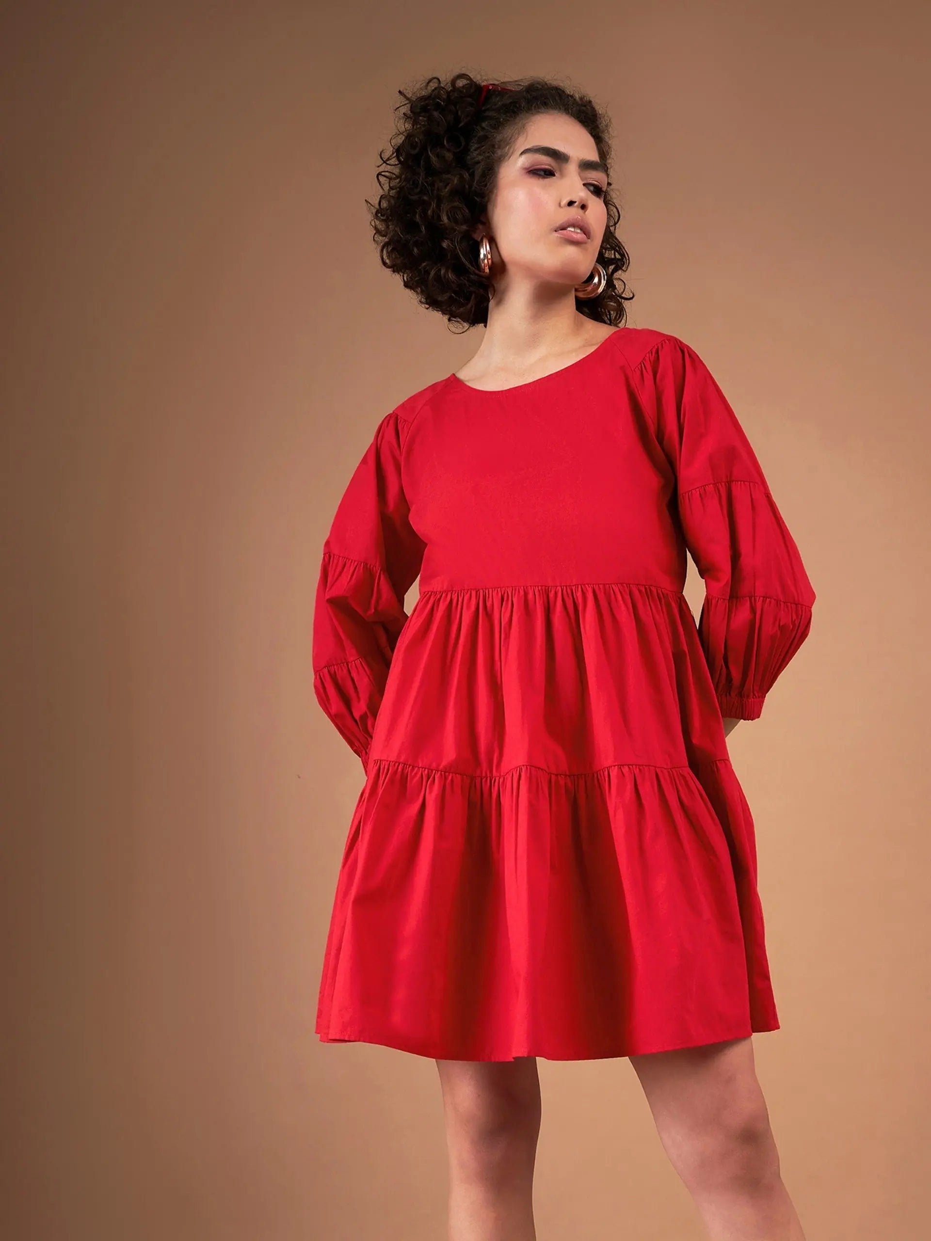 Women Red Poplin Drop Shoulder Tiered Mini Dress Cozy Cowl Neck Mini Dress