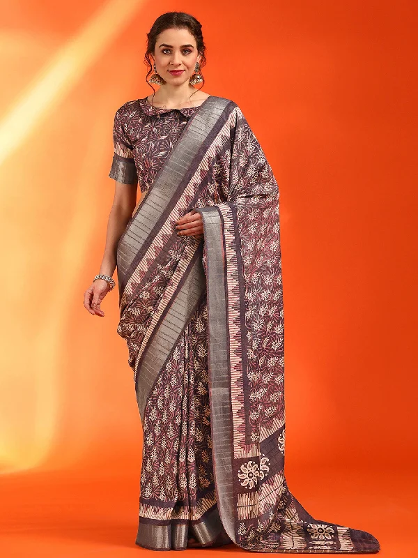 Women's Cotton Silk Burgundy Printed Designer Saree With Blouse Piece Lightweight Tunic Blouse