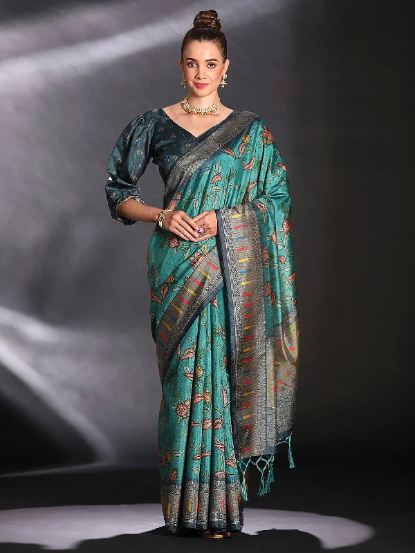 Women's Cotton Blend Blue Printed Designer Saree With Blouse Piece Ruffled Neck Blouse