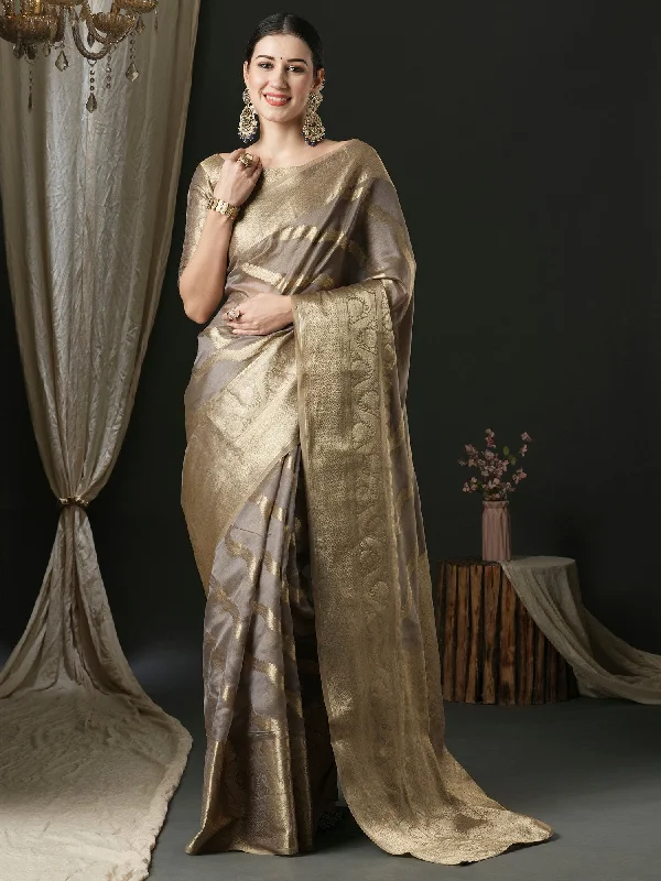 Women's Organza Grey Woven Design Designer Saree With Blouse Piece Office Formal Blouse
