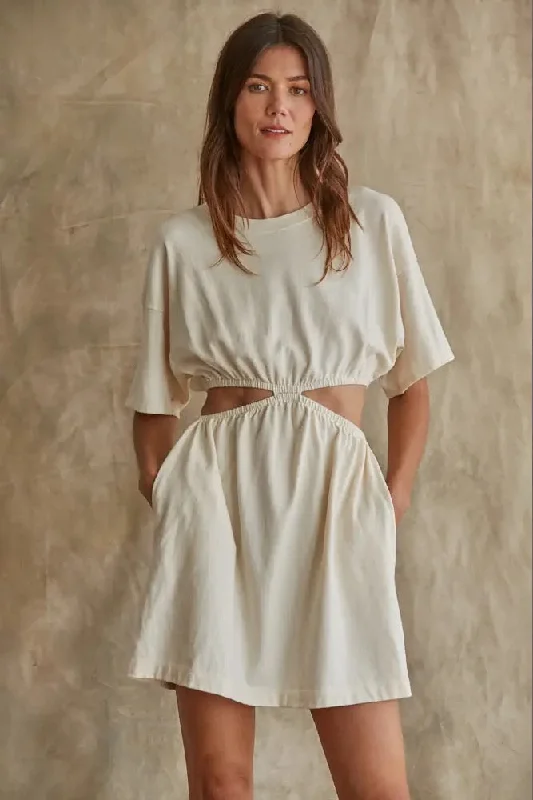 Cotton Hacci Side Vented Mini Dress With Elastic Waists Chic Mini Dress with V-Neck