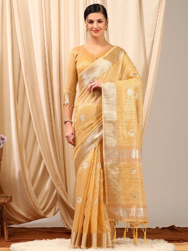 Women's Linen Cream Woven Design Designer Saree With Blouse Piece Peter Pan Collar Blouse