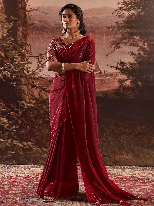 Women's Georgette Maroon Printed Designer Saree With Blouse Piece Puff Sleeve Blouse