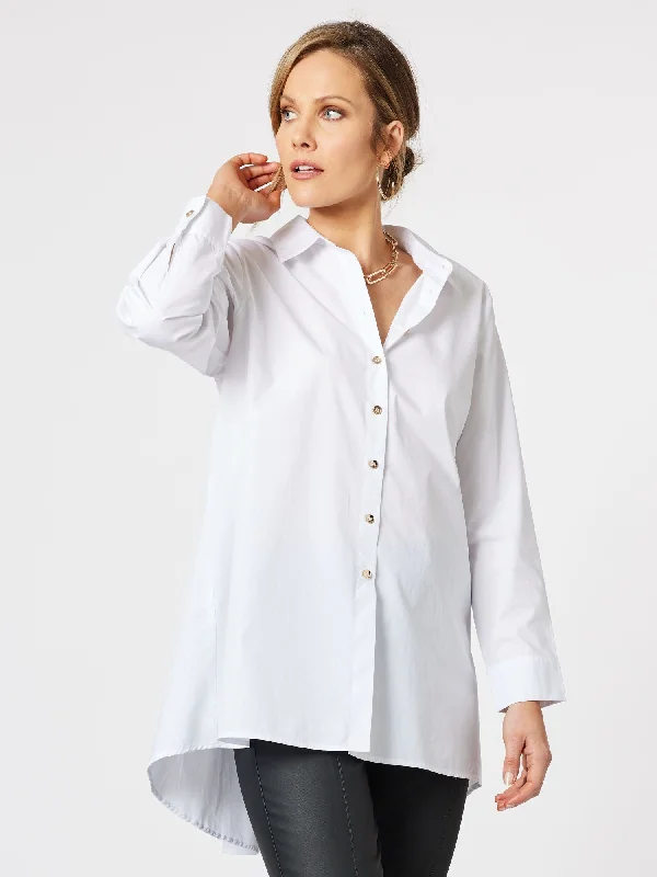 Cotton Longline Shirt - White-- Denim Fabric Leather Fabric Suede Fabric