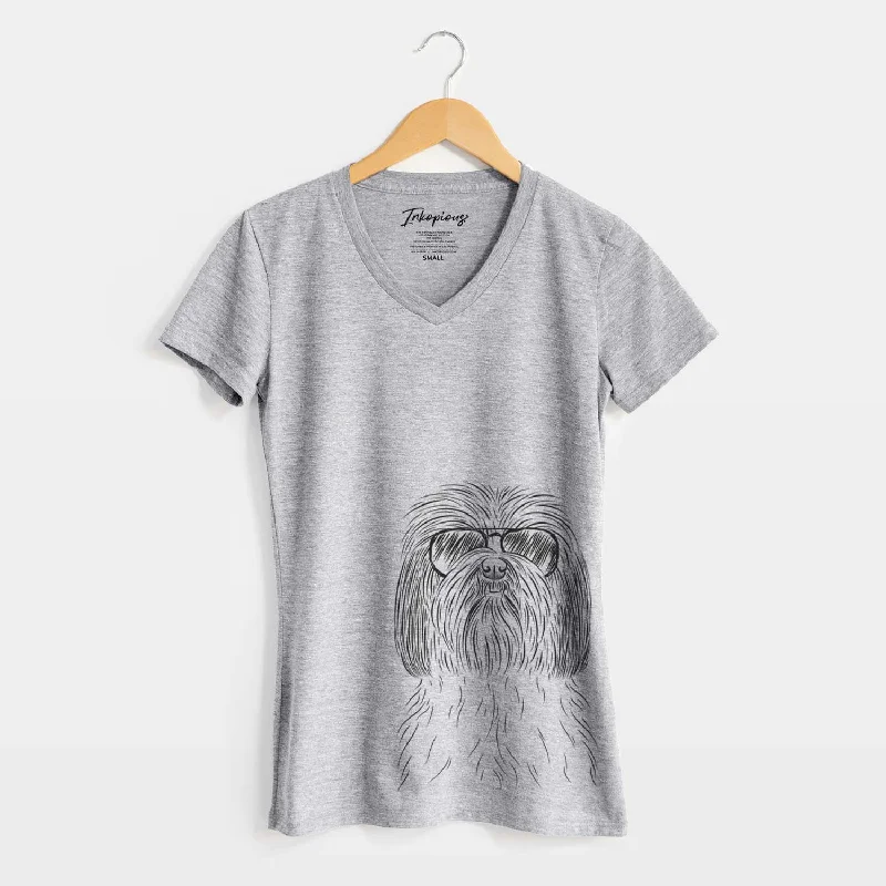 Aviator Scully the Shih Tzu - Women's V-neck Shirt-- Spandex Blend Rayon Blend Denim Blend