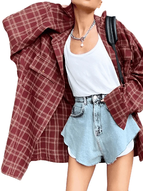 Red Plaid Shirt Women's-- Houndstooth Herringbone Solid