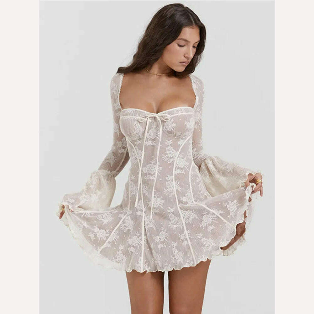Mozision Elegant Print Mini Dress For Women Autumn Winter New Square Collar Long Sleeve Backless Loose Club Party Sexy Dress Fashionable Summer Mini Dress