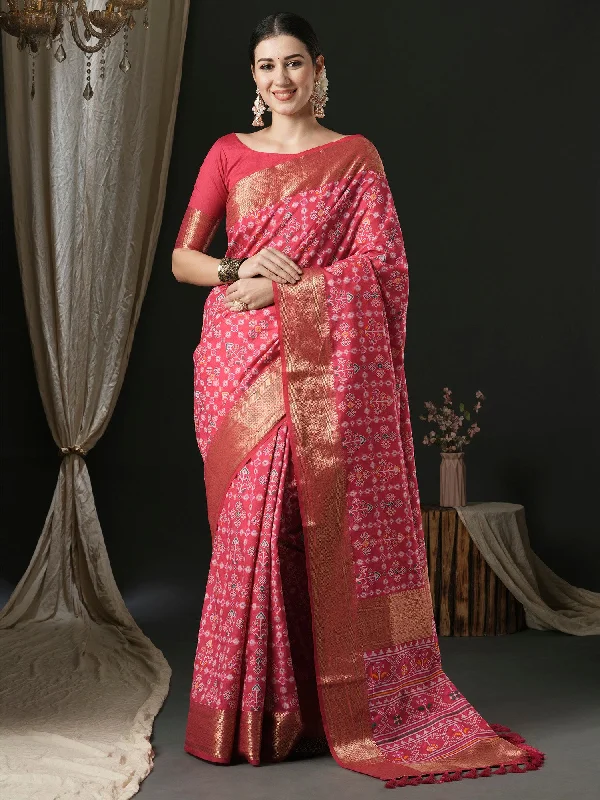 Women's Silk Blend Pink Woven Design Designer Saree With Blouse Piece Puff Sleeve Blouse
