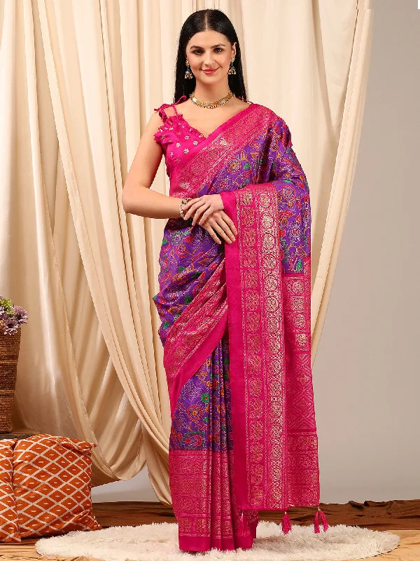 Women's Cotton Blend Purple Printed Designer Saree With Blouse Piece Classic White Blouse