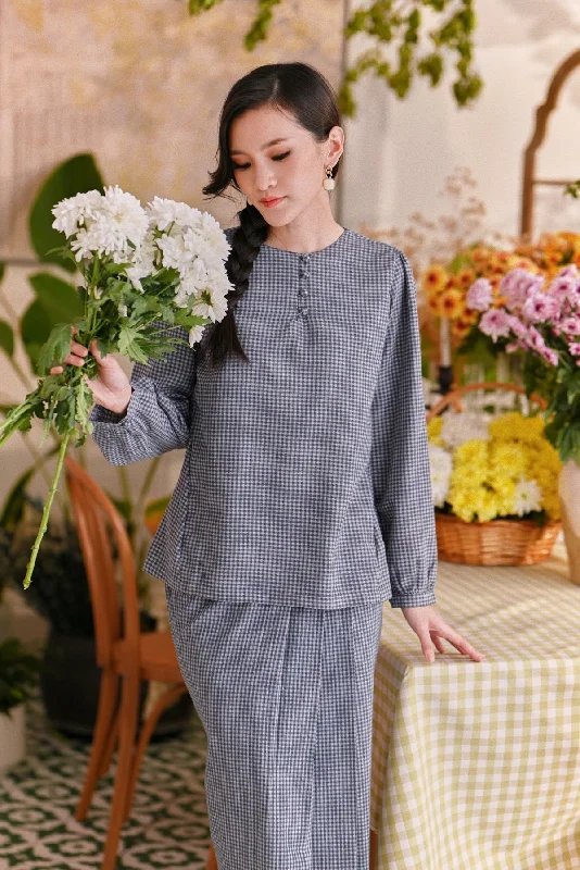 The Sarang Women Princess Blouse - Light Navy Checked Sheer Sleeve Blouse
