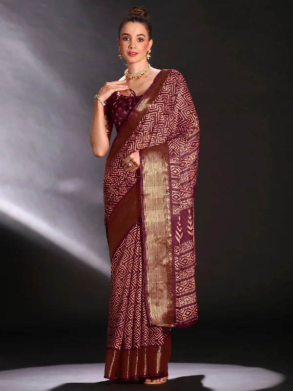 Women's Art Silk Burgundy Printed Designer Saree With Blouse Piece Casual Relaxed Fit Blouse