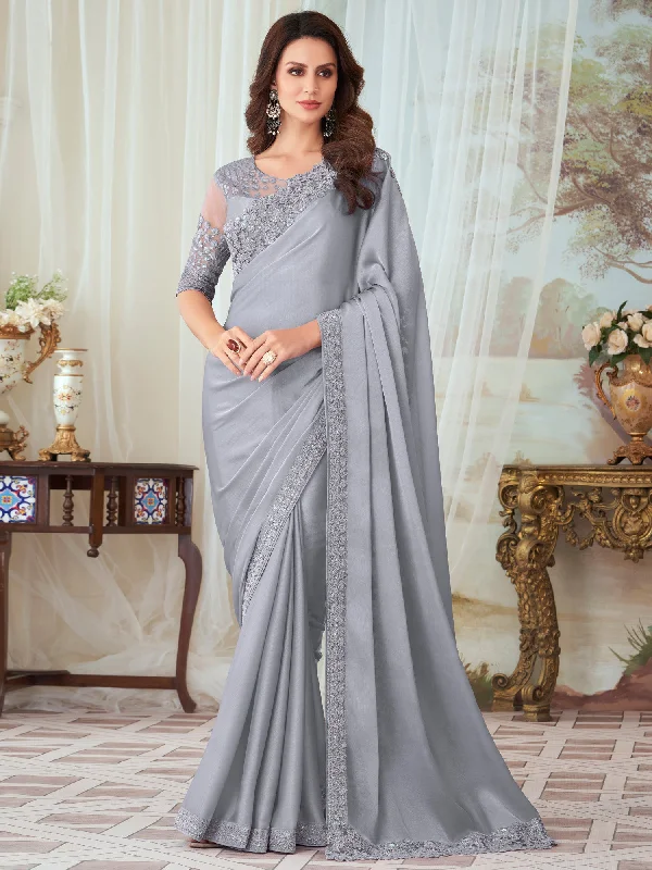 Women's Silk Blend Grey Embellished Designer Saree With Blouse Piece Versatile Layering Blouse